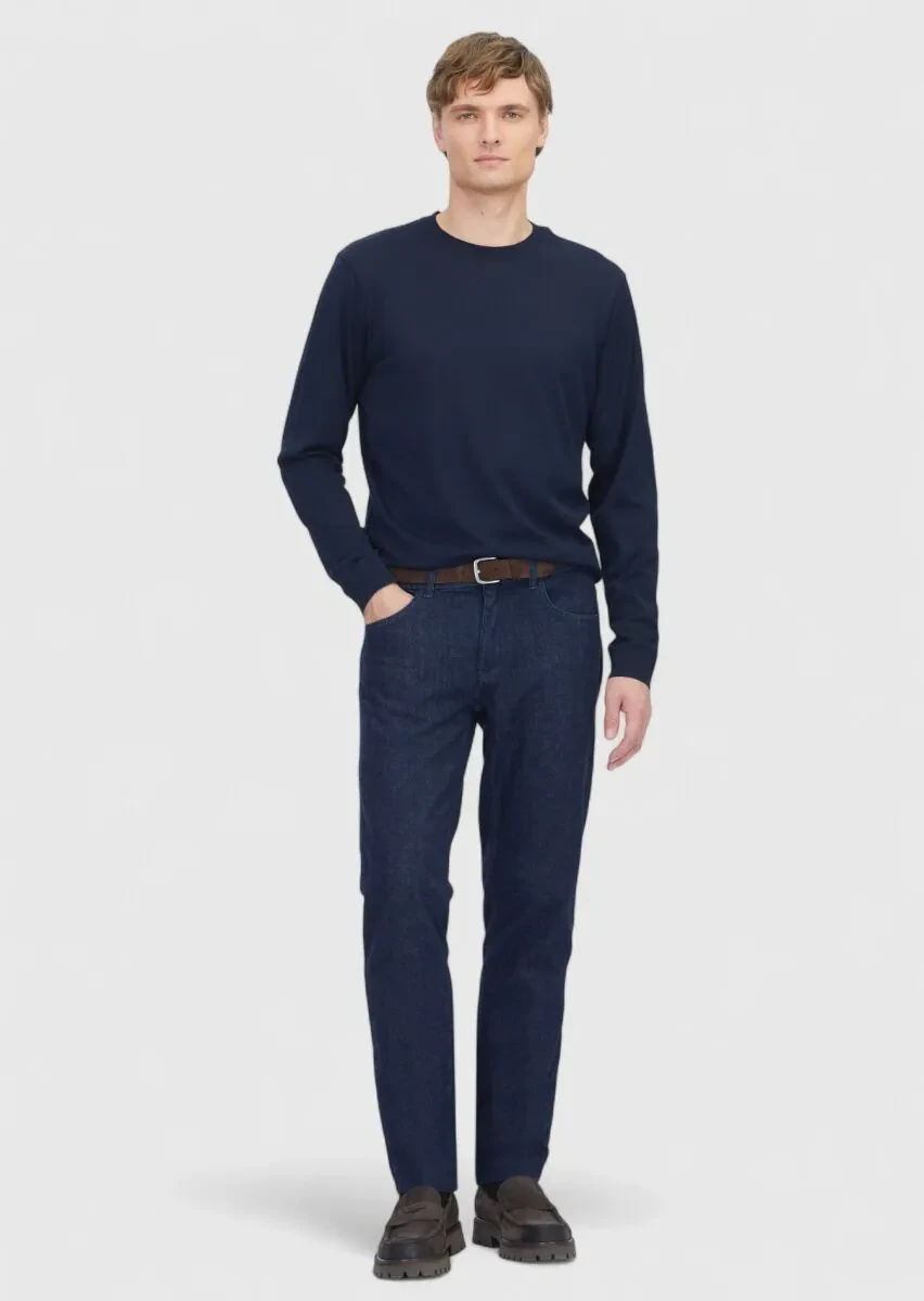 Navy Blue Crew Neck Plain Sweatshirt - 2