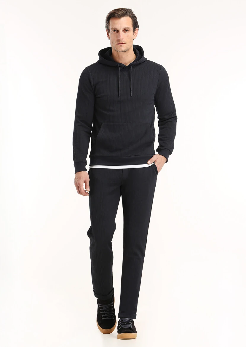 Navy Blue Hooded Jacquard Sweatshirt - 1