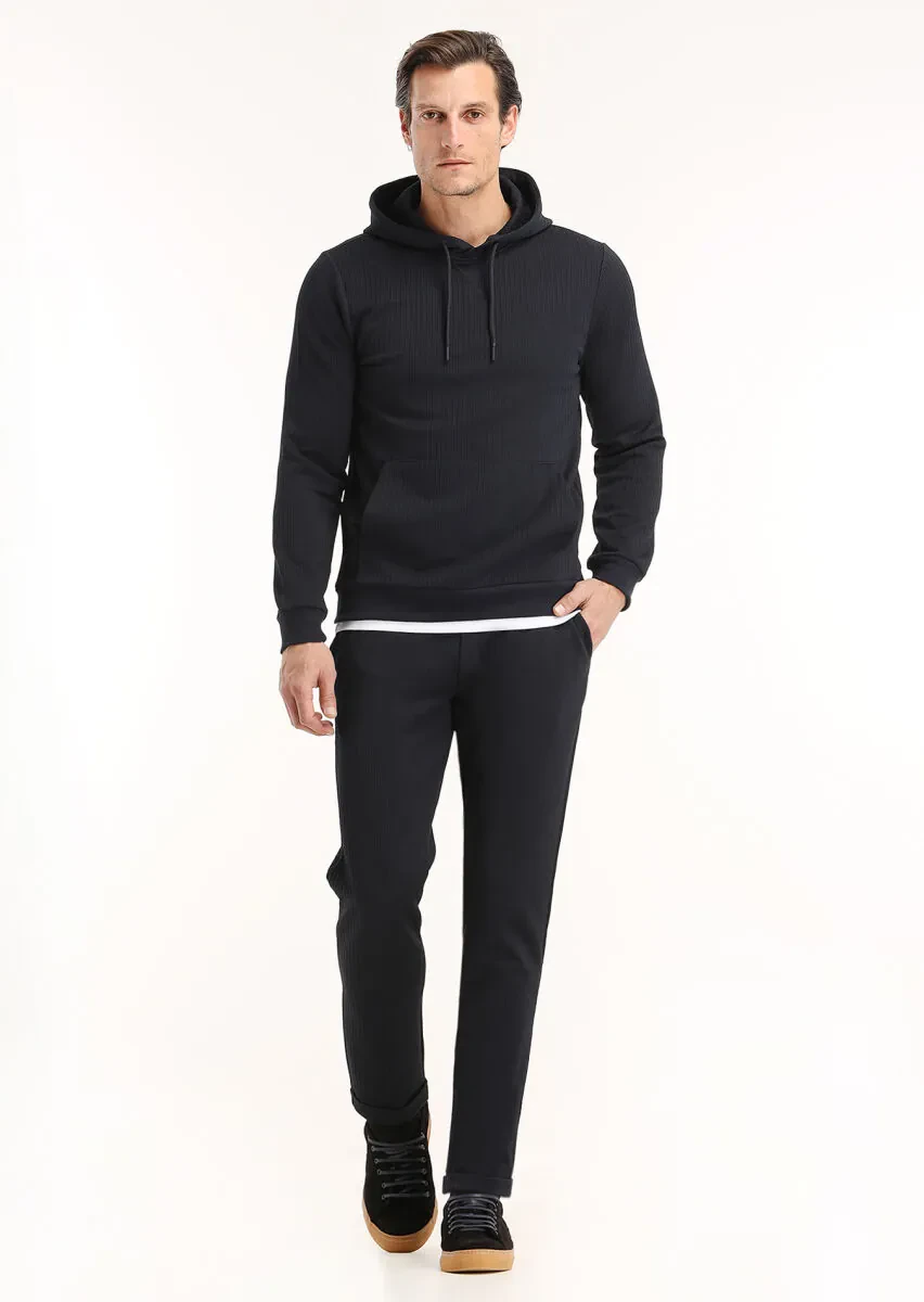 Navy Blue Hooded Jacquard Sweatshirt - 1