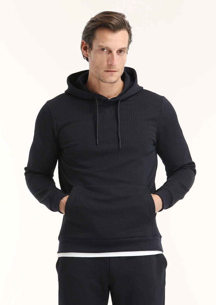 Navy Blue Hooded Jacquard Sweatshirt - 2