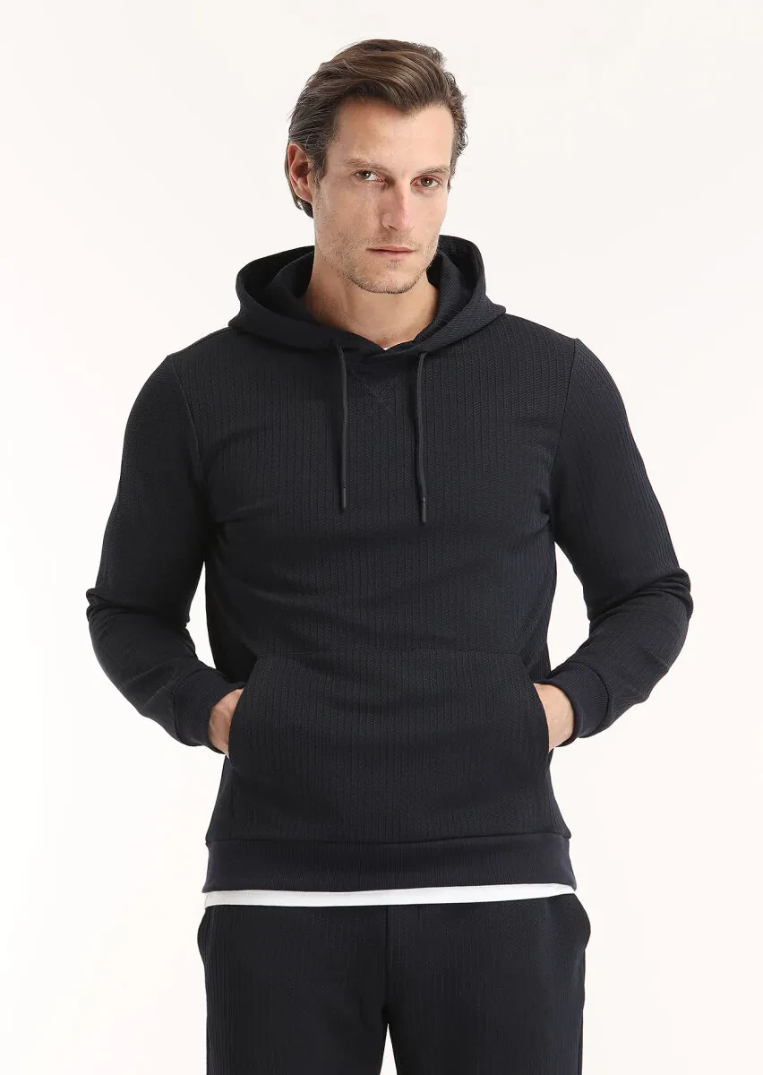 Navy Blue Hooded Jacquard Sweatshirt - 2