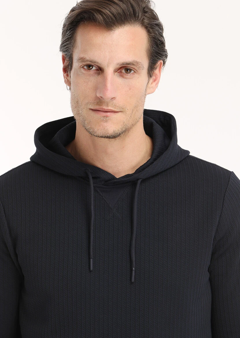 Navy Blue Hooded Jacquard Sweatshirt - 3