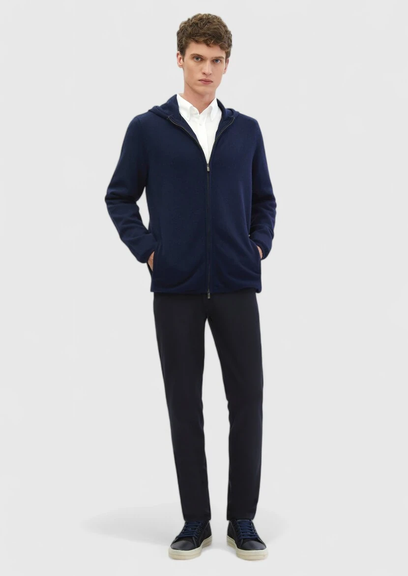 Navy Blue Hooded Plain Knitting 100% Wool Cardigan - RAMSEY