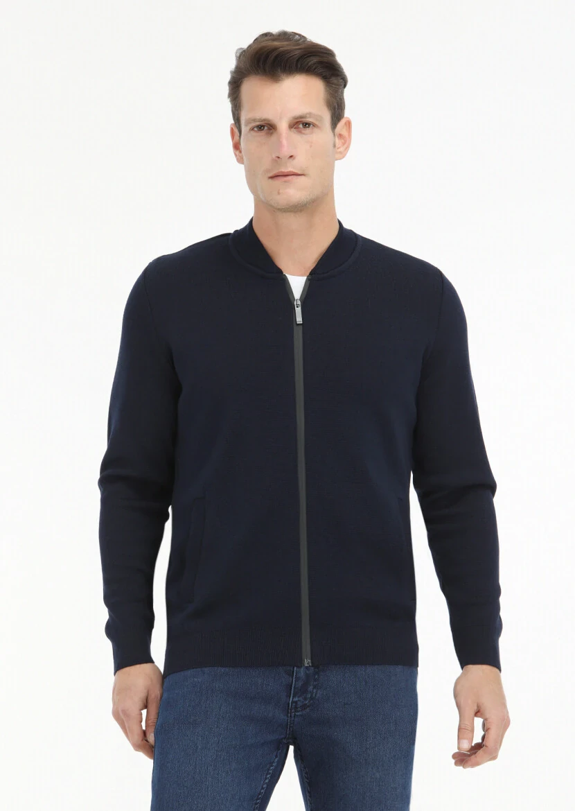 Navy Blue Hooded Plain Knitting Wool Blended Cardigan 