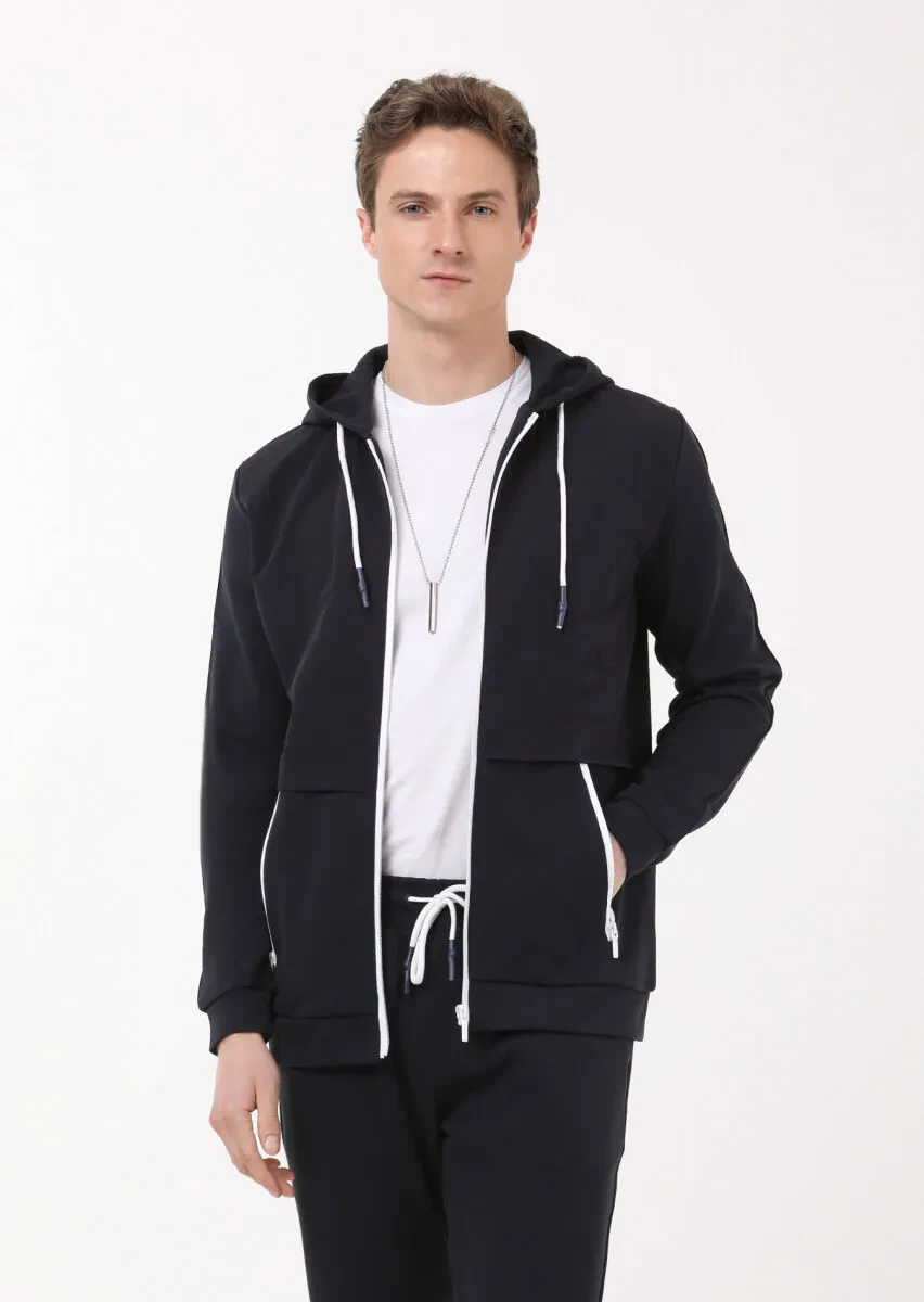 Navy Blue Hooded Plain Sweatshirt - 1