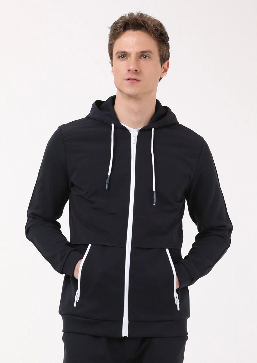Navy Blue Hooded Plain Sweatshirt - 2
