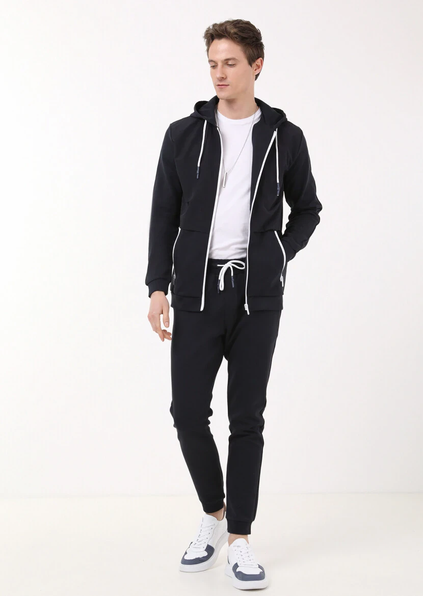 Navy Blue Hooded Plain Sweatshirt - 3