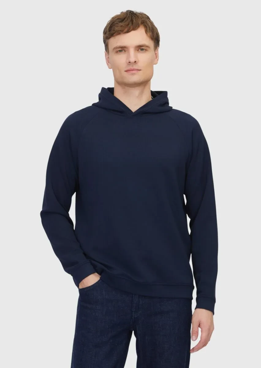 Navy Blue Hooded Plain Sweatshirt - 1