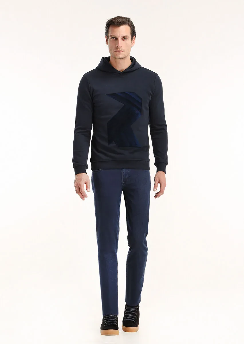 Navy Blue Hooded Printed Sweatshirt - 1