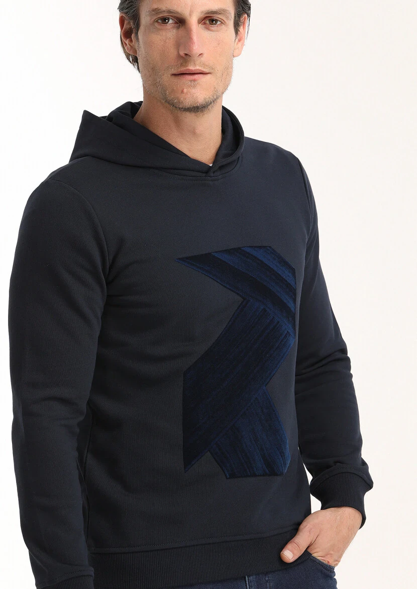 Navy Blue Hooded Printed Sweatshirt - 3