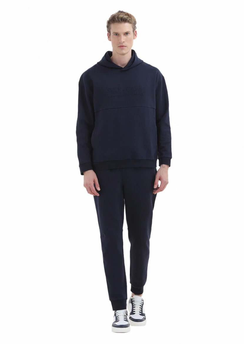 Navy Blue Hooded Printed Sweatshirt 