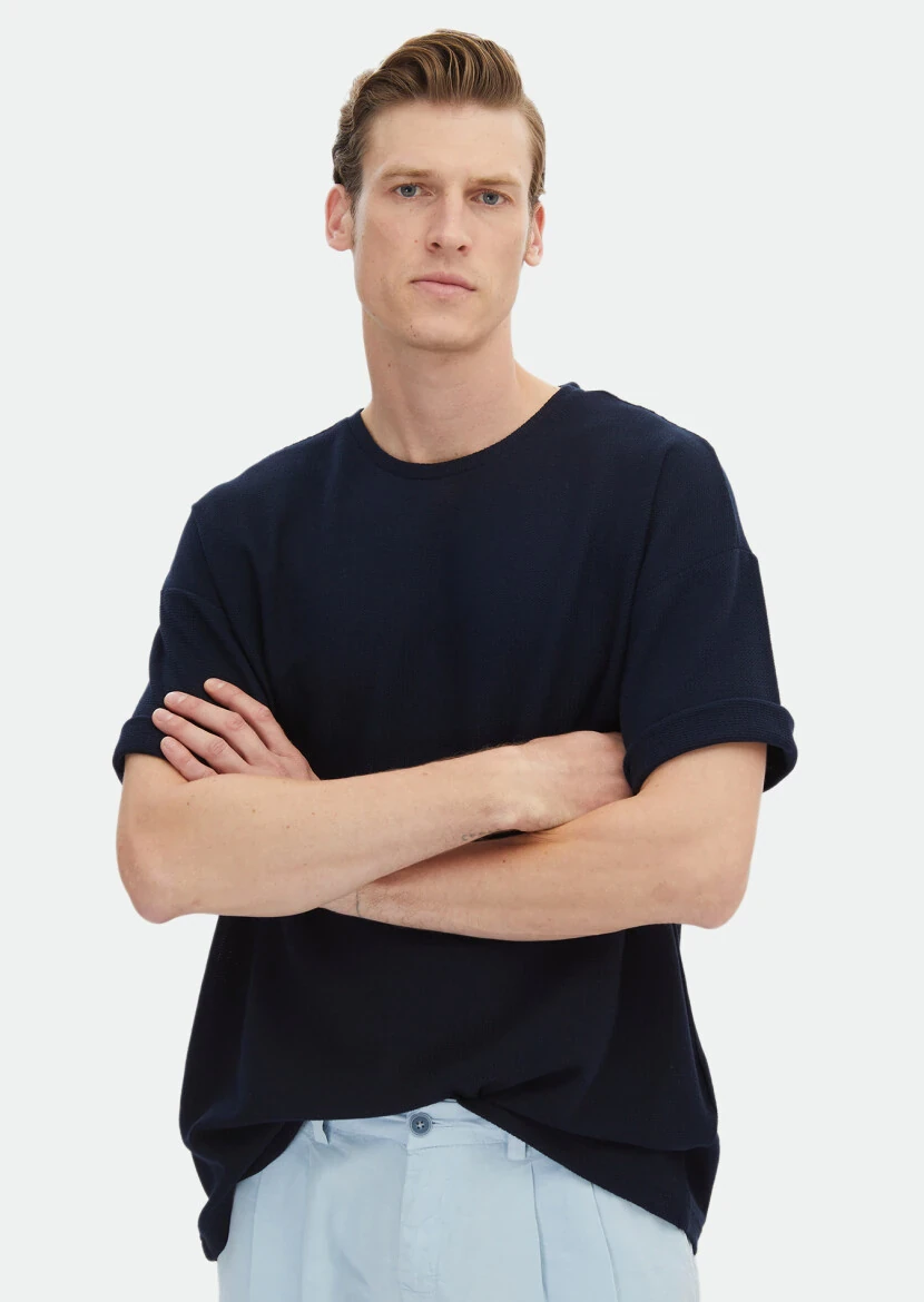 Navy Blue Jacquard Crew Neck 100% Cotton T-Shirt - RAMSEY