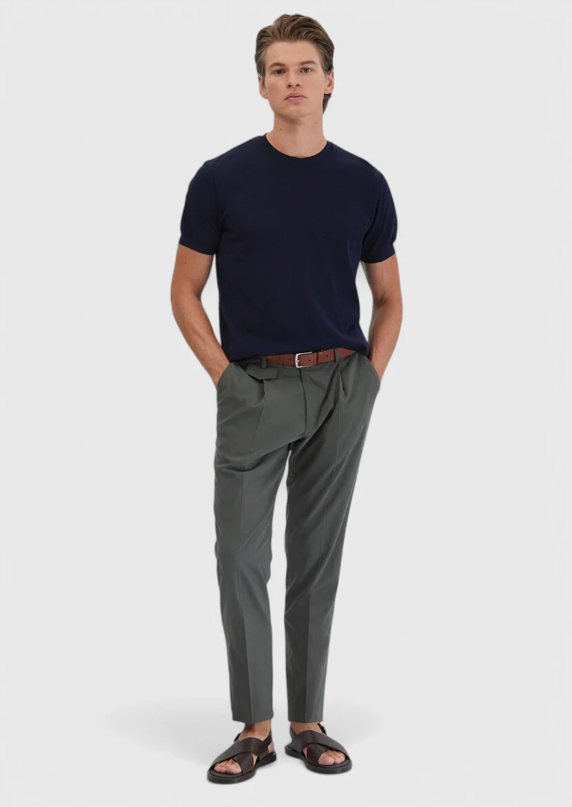 Navy Blue Jacquard Crew Neck 100% Cotton T-Shirt 