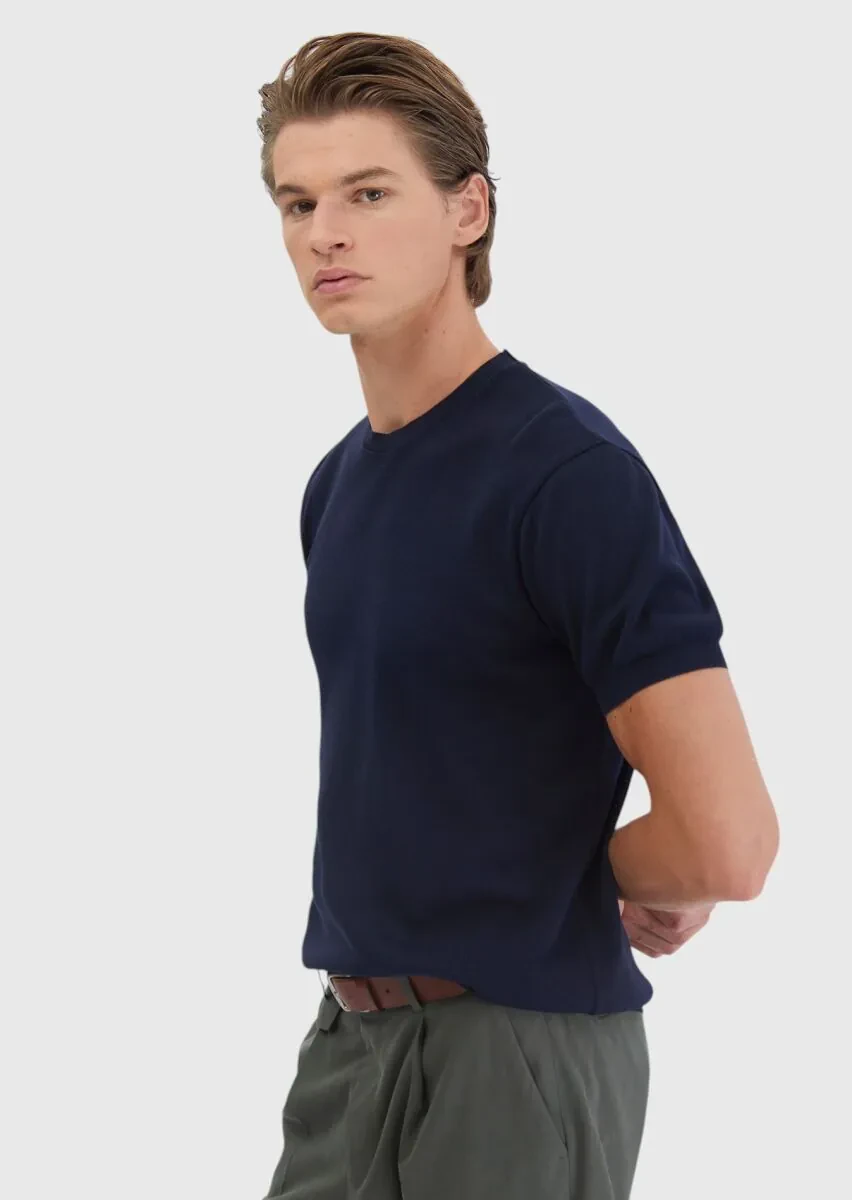 Navy Blue Jacquard Crew Neck 100% Cotton T-Shirt - 3