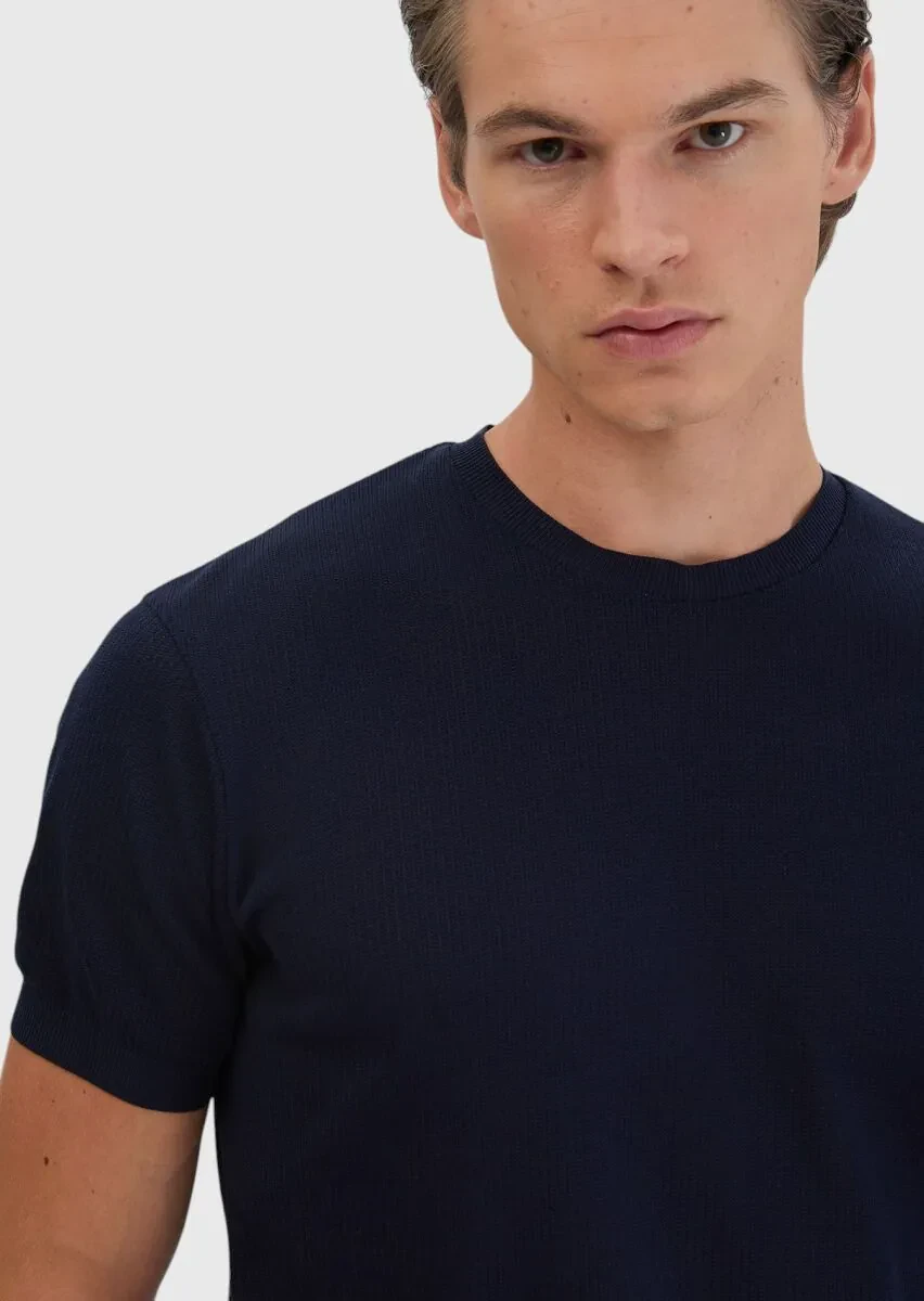Navy Blue Jacquard Crew Neck 100% Cotton T-Shirt - 5