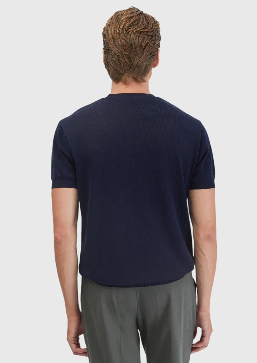 Navy Blue Jacquard Crew Neck 100% Cotton T-Shirt - 6