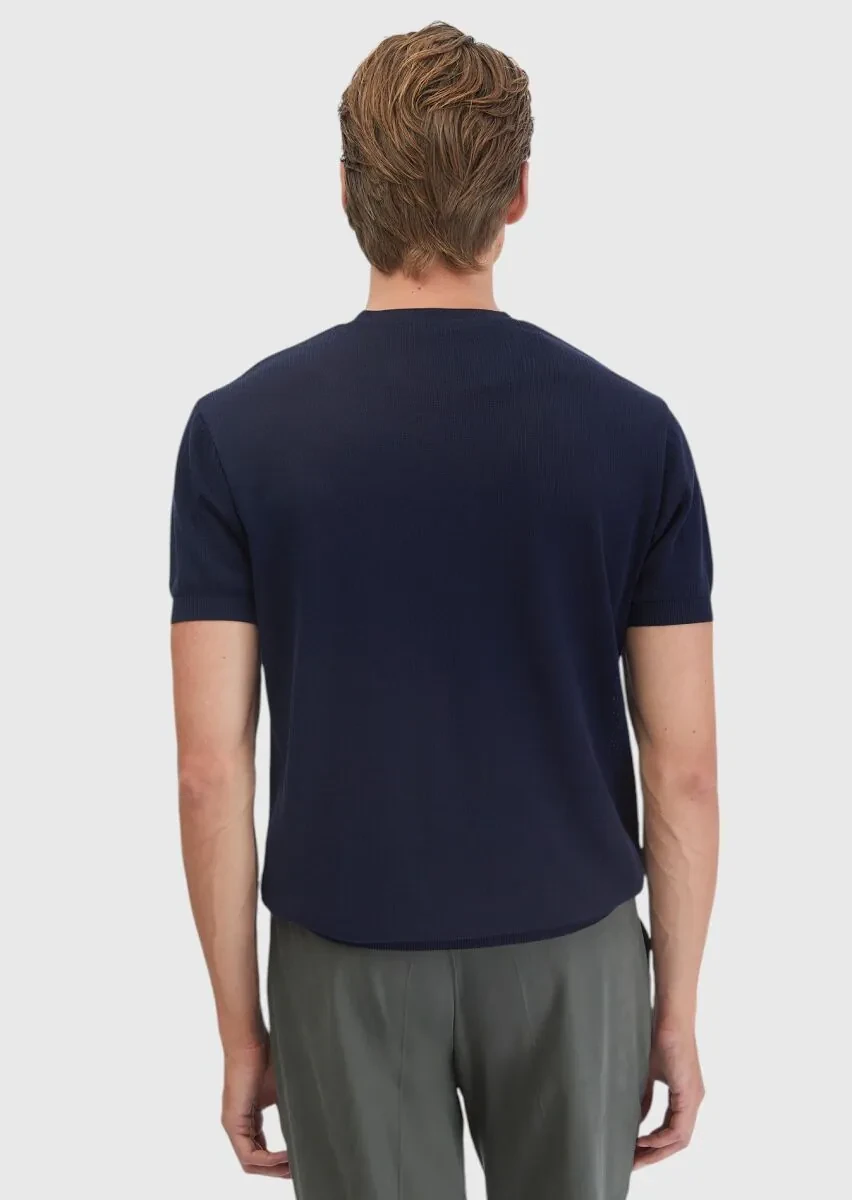 Navy Blue Jacquard Crew Neck 100% Cotton T-Shirt - 6