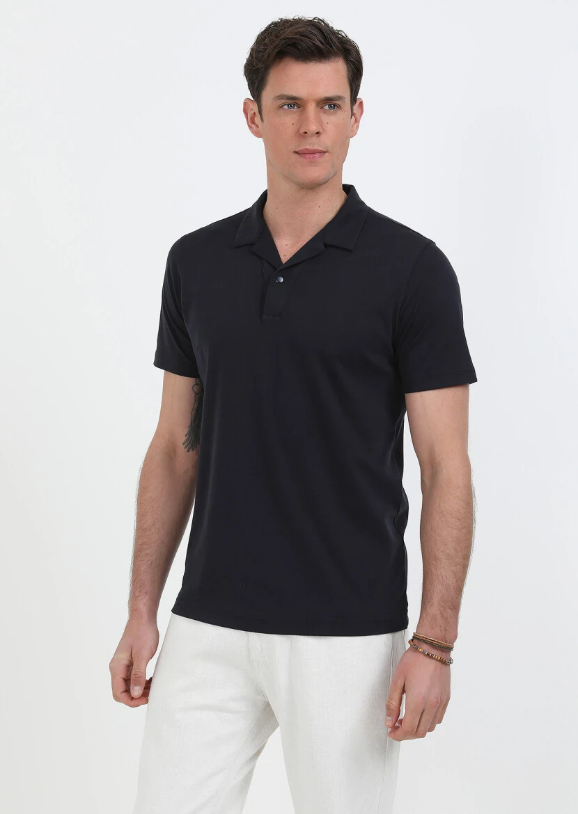 Navy Blue Jacquard Cuban Collar 100% Cotton T-Shirt - 1