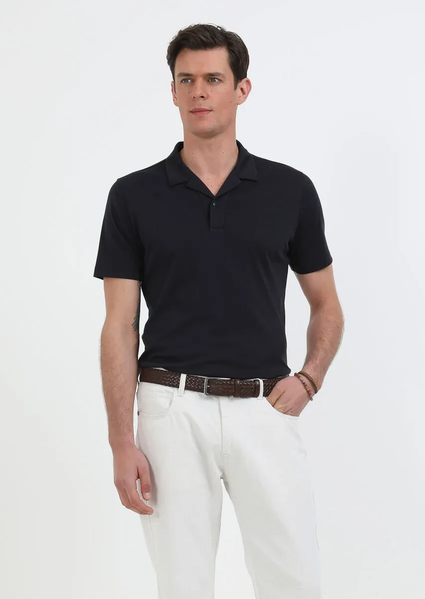 Navy Blue Jacquard Cuban Collar 100% Cotton T-Shirt - 2