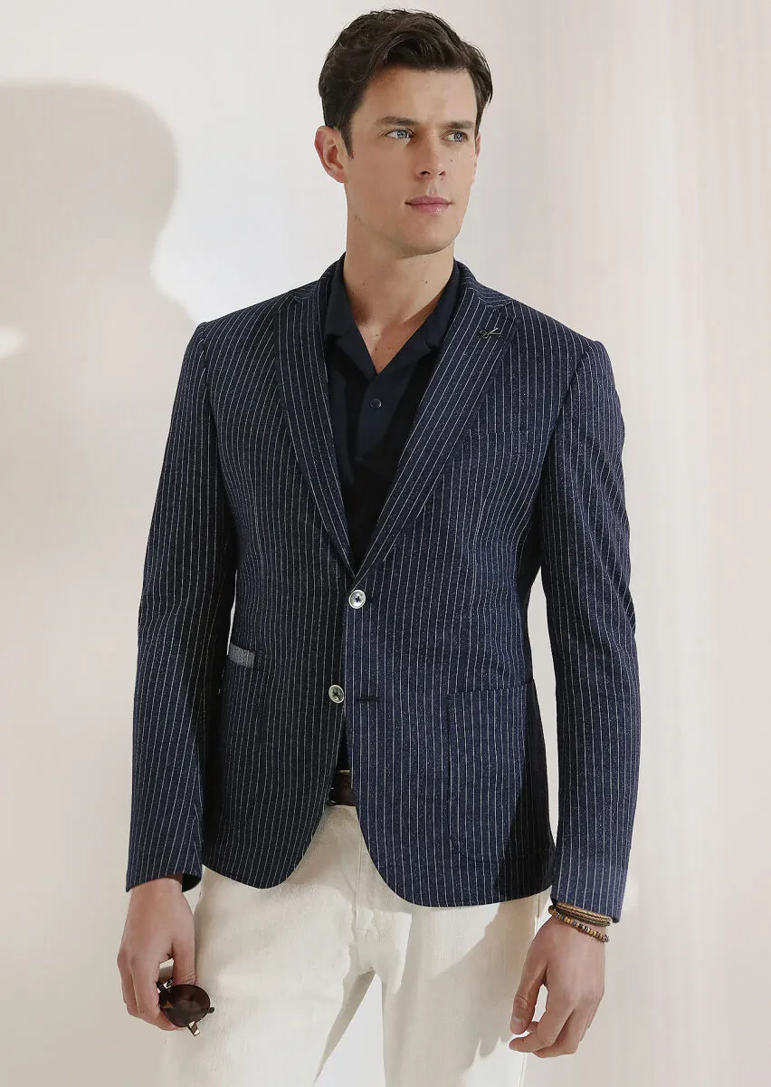 Navy Blue Jacquard Cuban Collar 100% Cotton T-Shirt - 6