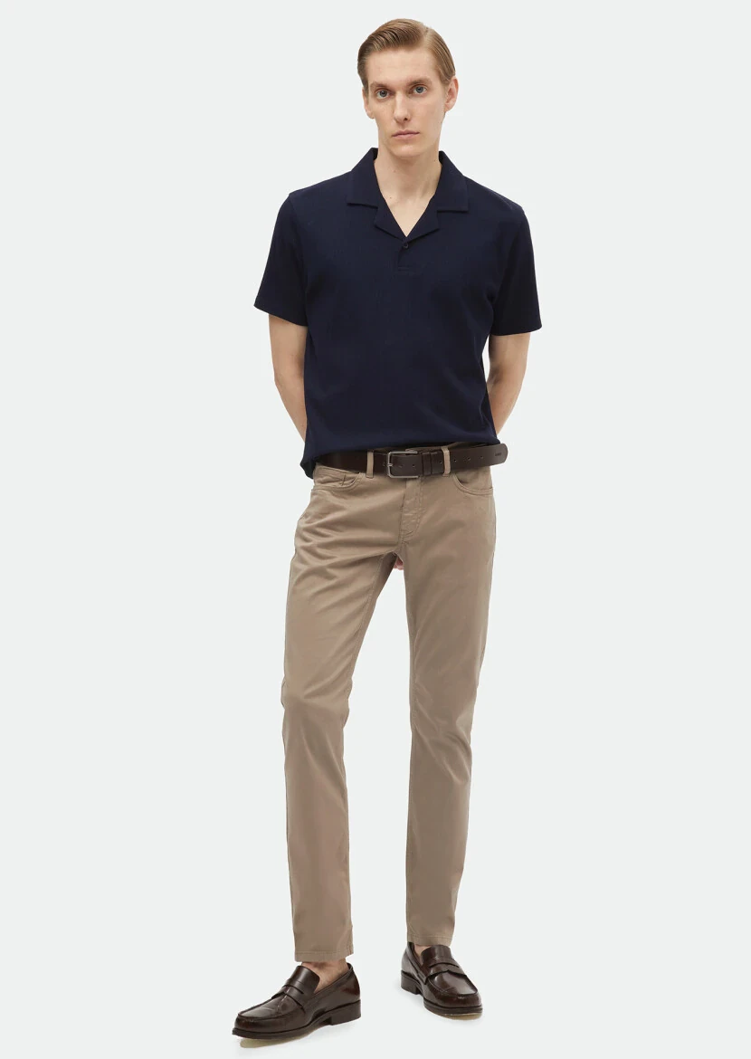 Navy Blue Jacquard Cuban Collar 100% Cotton T-Shirt 