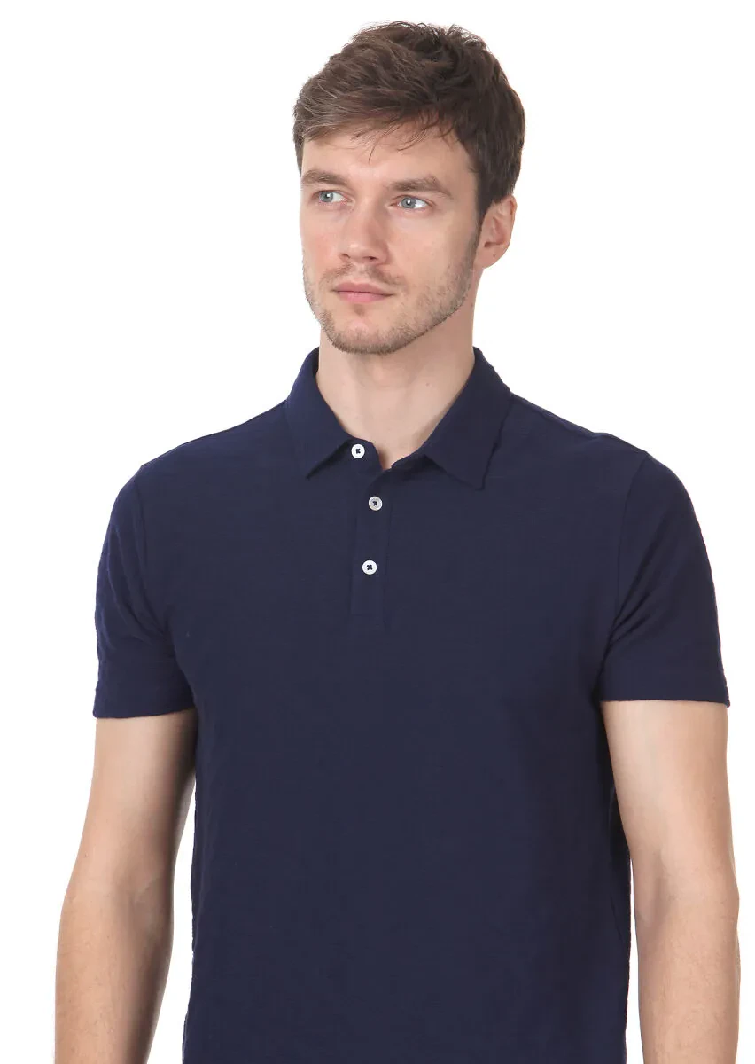Navy Blue Jacquard Polo Neck 100% Cotton T-Shirt - 2