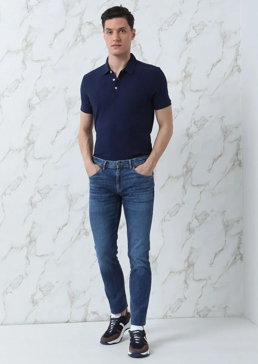 Navy Blue Jacquard Polo Neck 100% Cotton T-Shirt - 3
