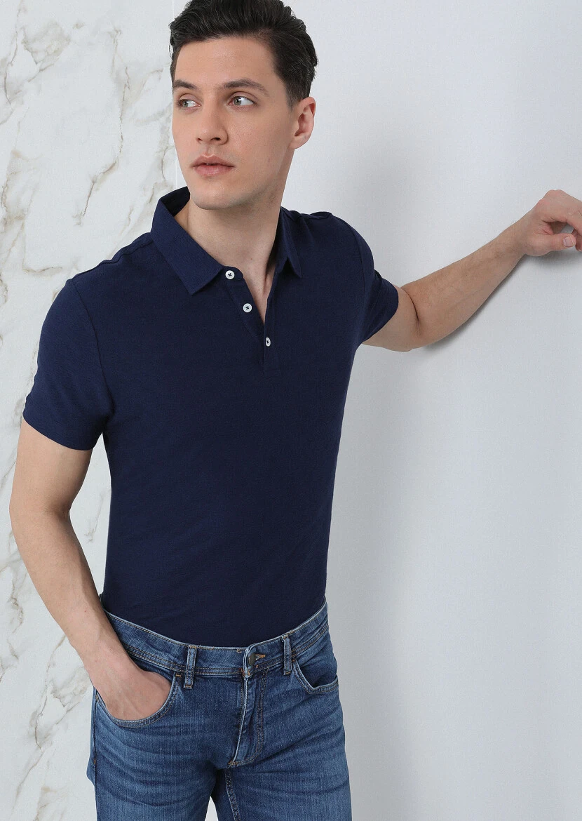 Navy Blue Jacquard Polo Neck 100% Cotton T-Shirt - 4