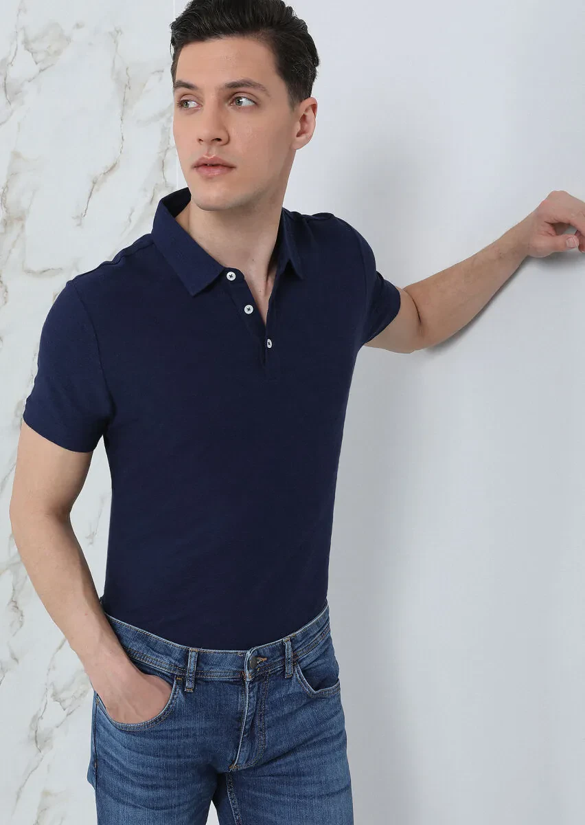 Navy Blue Jacquard Polo Neck 100% Cotton T-Shirt - 4