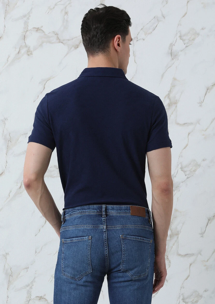 Navy Blue Jacquard Polo Neck 100% Cotton T-Shirt - 5