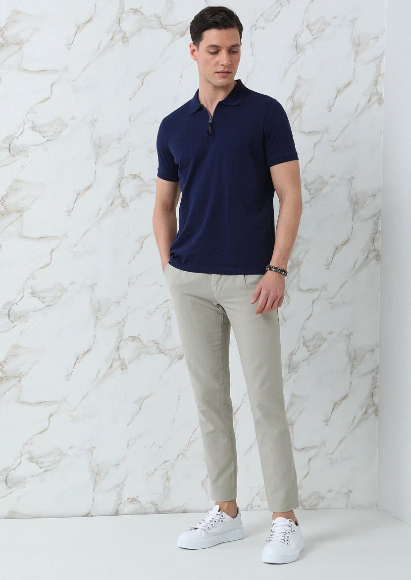 Navy Blue Jacquard Polo Neck 100% Cotton T-Shirt - 1