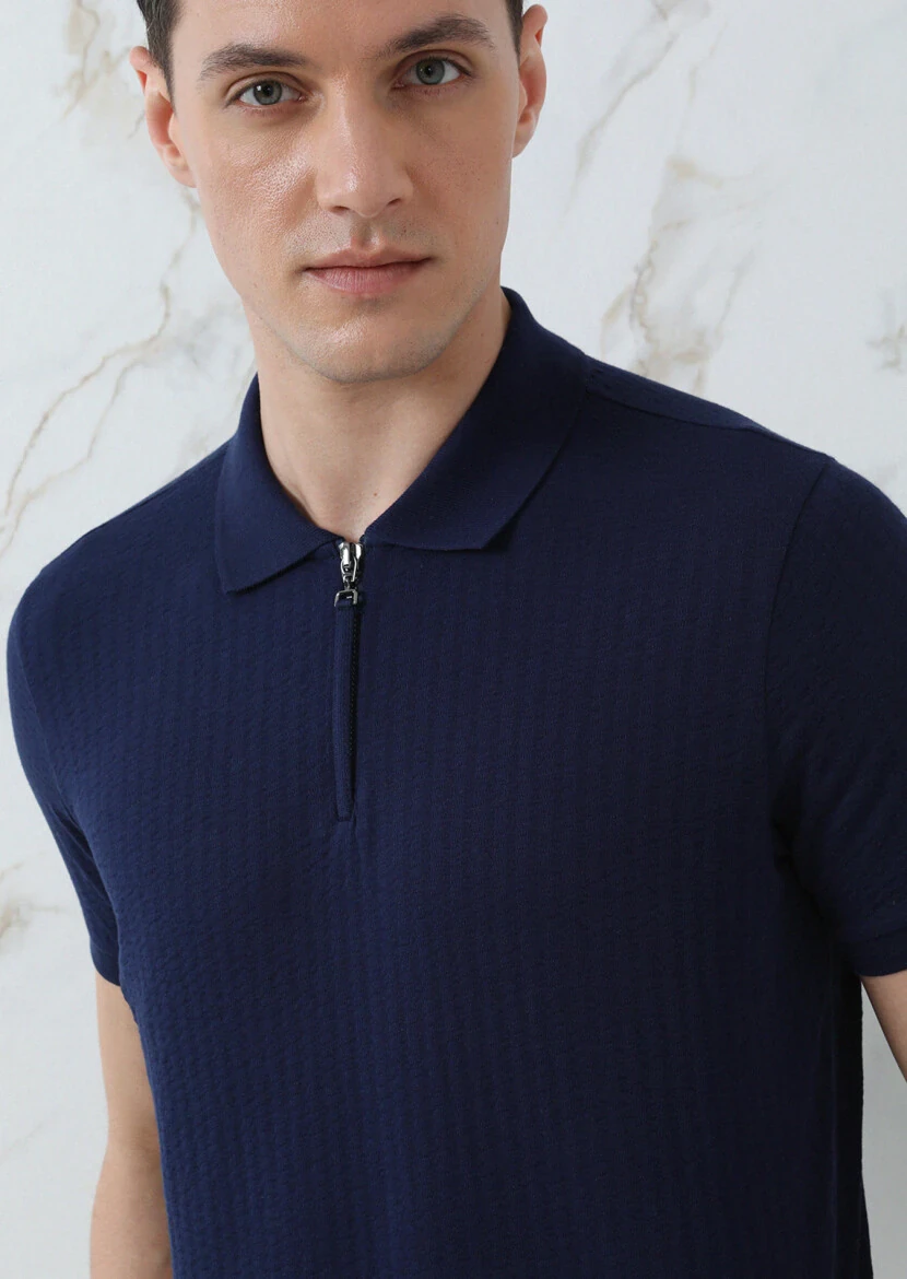 Navy Blue Jacquard Polo Neck 100% Cotton T-Shirt - 3