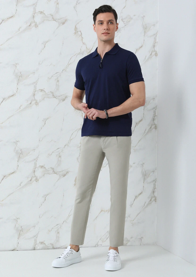 Navy Blue Jacquard Polo Neck 100% Cotton T-Shirt - 4