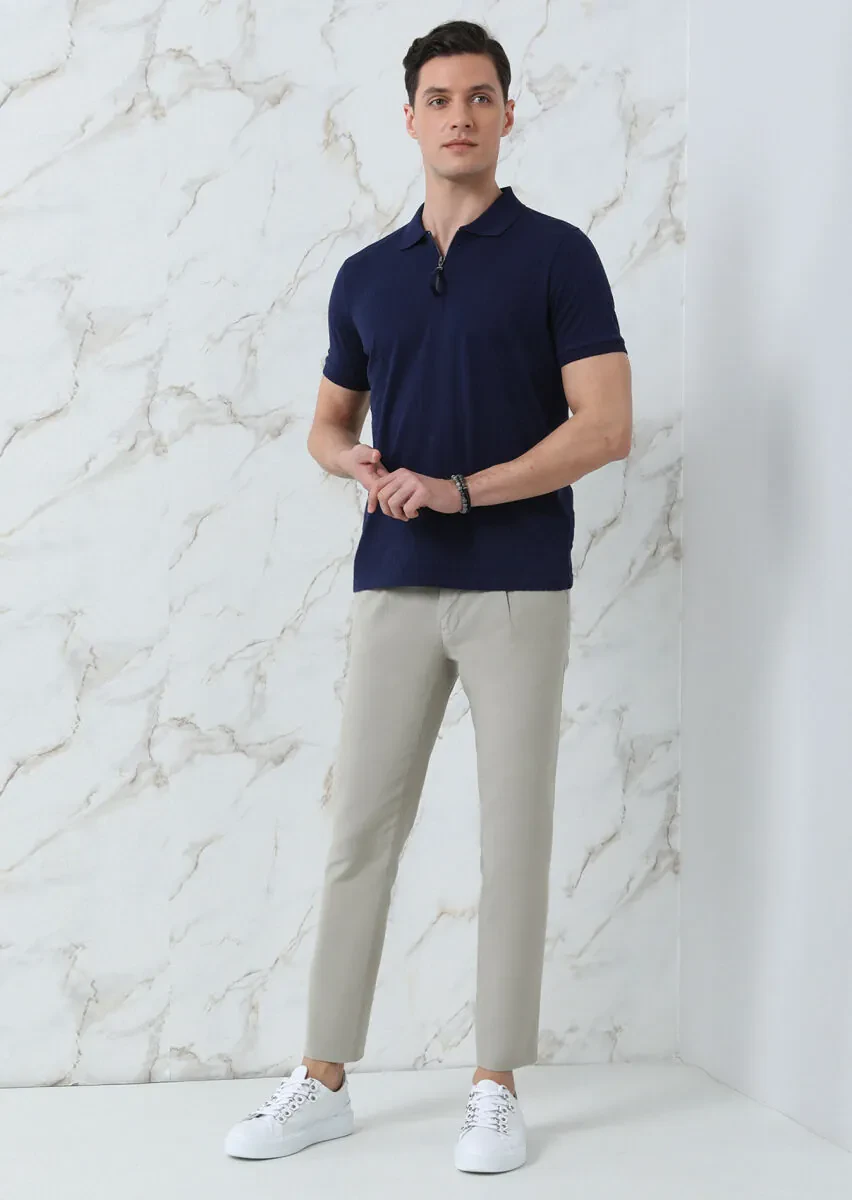 Navy Blue Jacquard Polo Neck 100% Cotton T-Shirt - 4