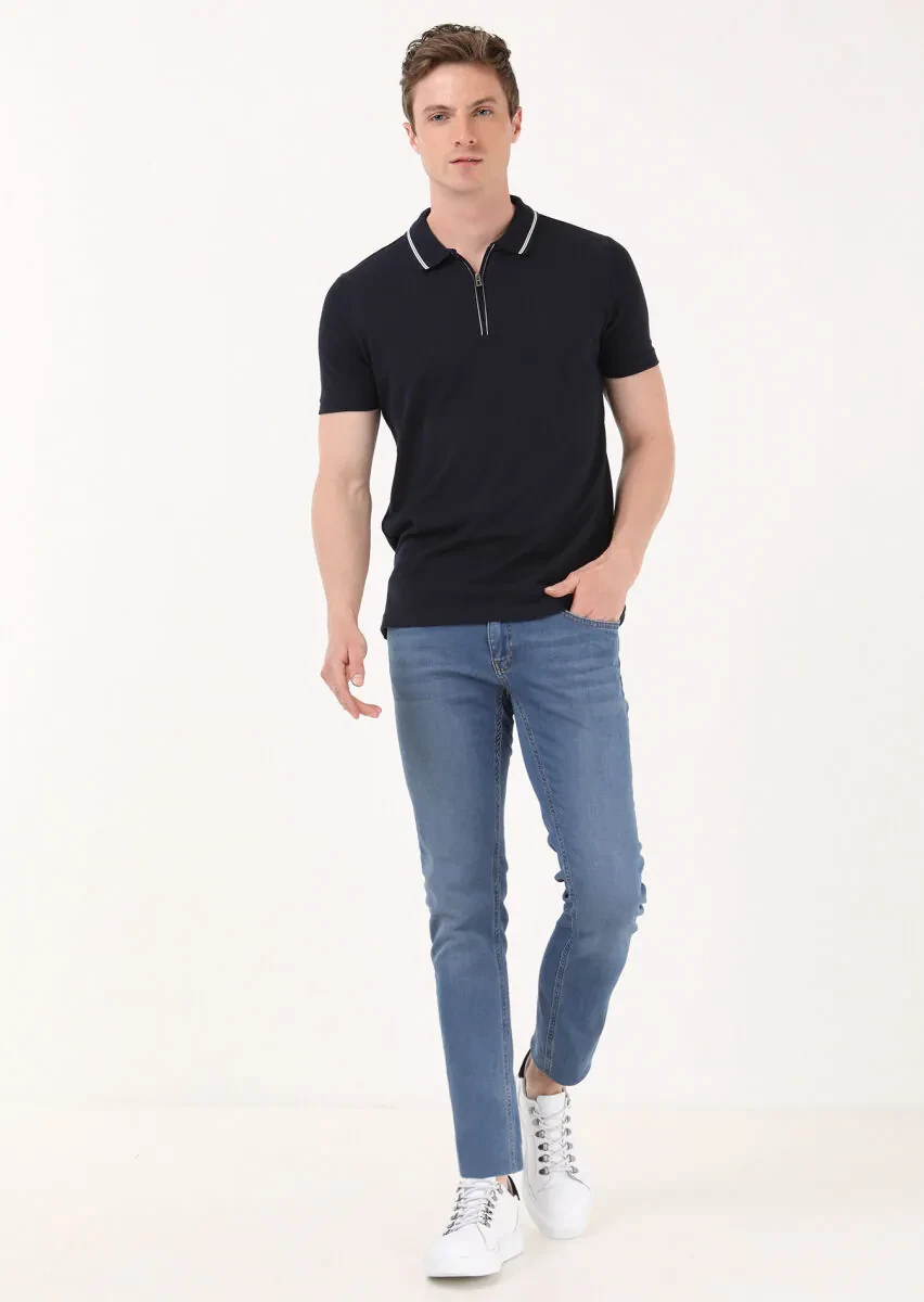 Navy Blue Jacquard Polo Neck 100% Cotton T-Shirt - 1