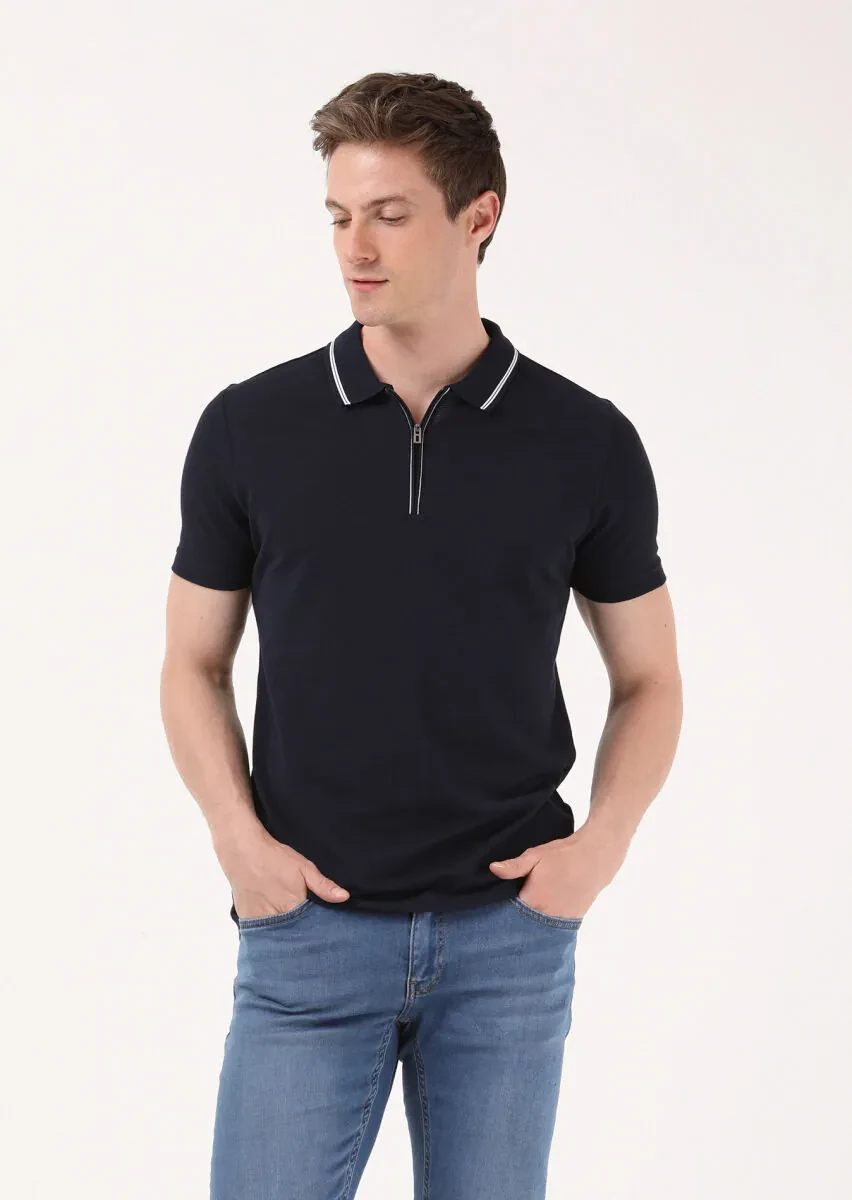 Navy Blue Jacquard Polo Neck 100% Cotton T-Shirt - 2