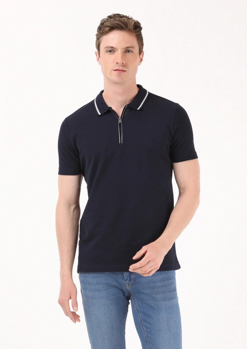 Navy Blue Jacquard Polo Neck 100% Cotton T-Shirt - 4