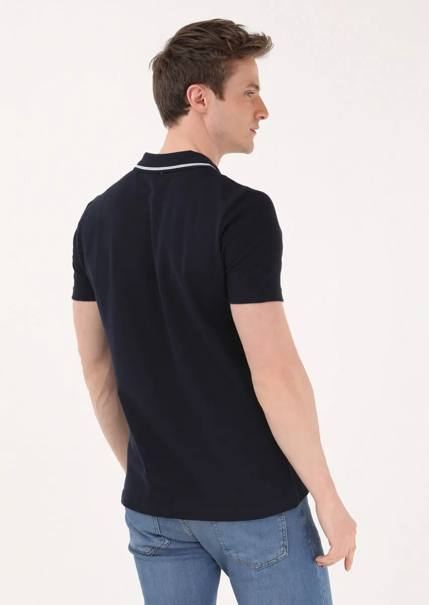 Navy Blue Jacquard Polo Neck 100% Cotton T-Shirt - 5