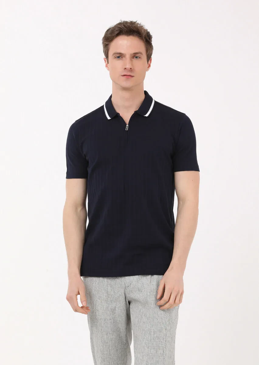 Navy Blue Jacquard Polo Neck 100% Cotton T-Shirt - 1