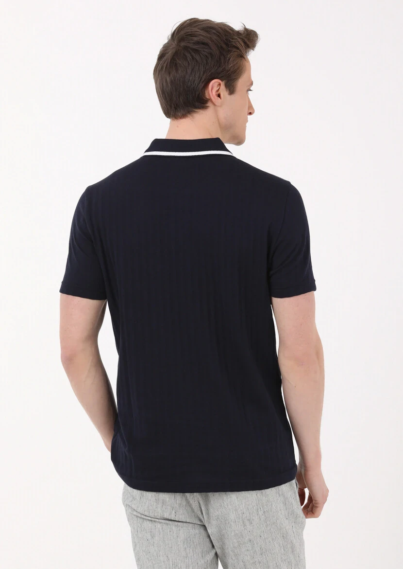 Navy Blue Jacquard Polo Neck 100% Cotton T-Shirt - 4