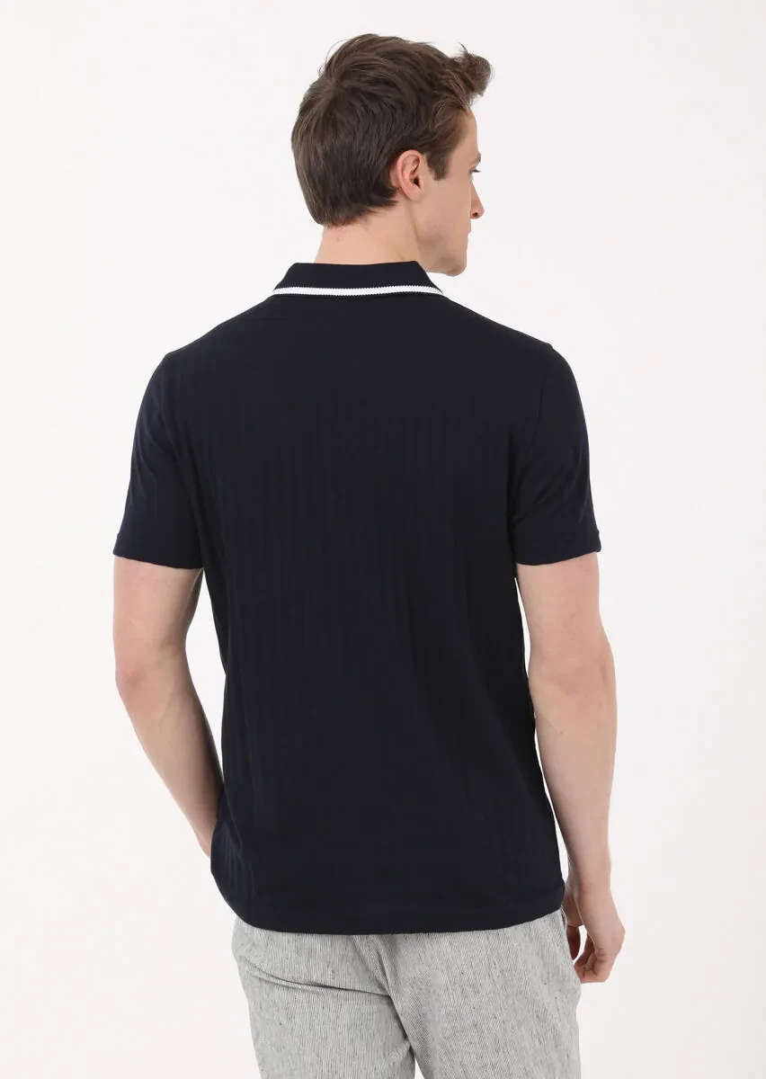 Navy Blue Jacquard Polo Neck 100% Cotton T-Shirt - 4