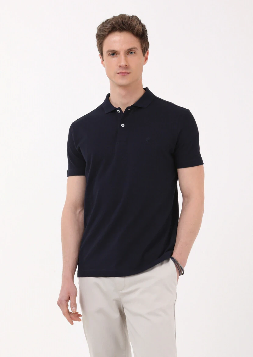 Navy Blue Jacquard Polo Neck 100% Cotton T-Shirt 
