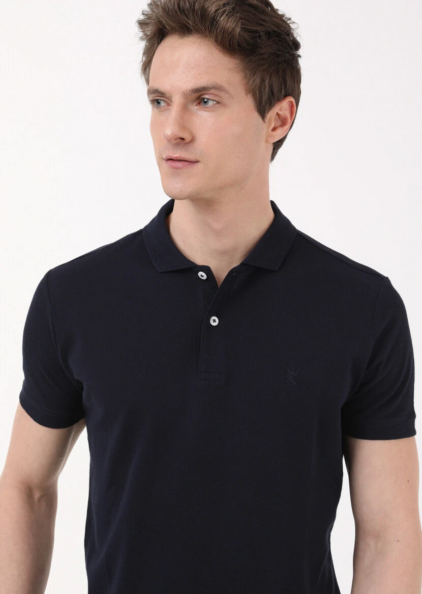 Navy Blue Jacquard Polo Neck 100% Cotton T-Shirt - 3
