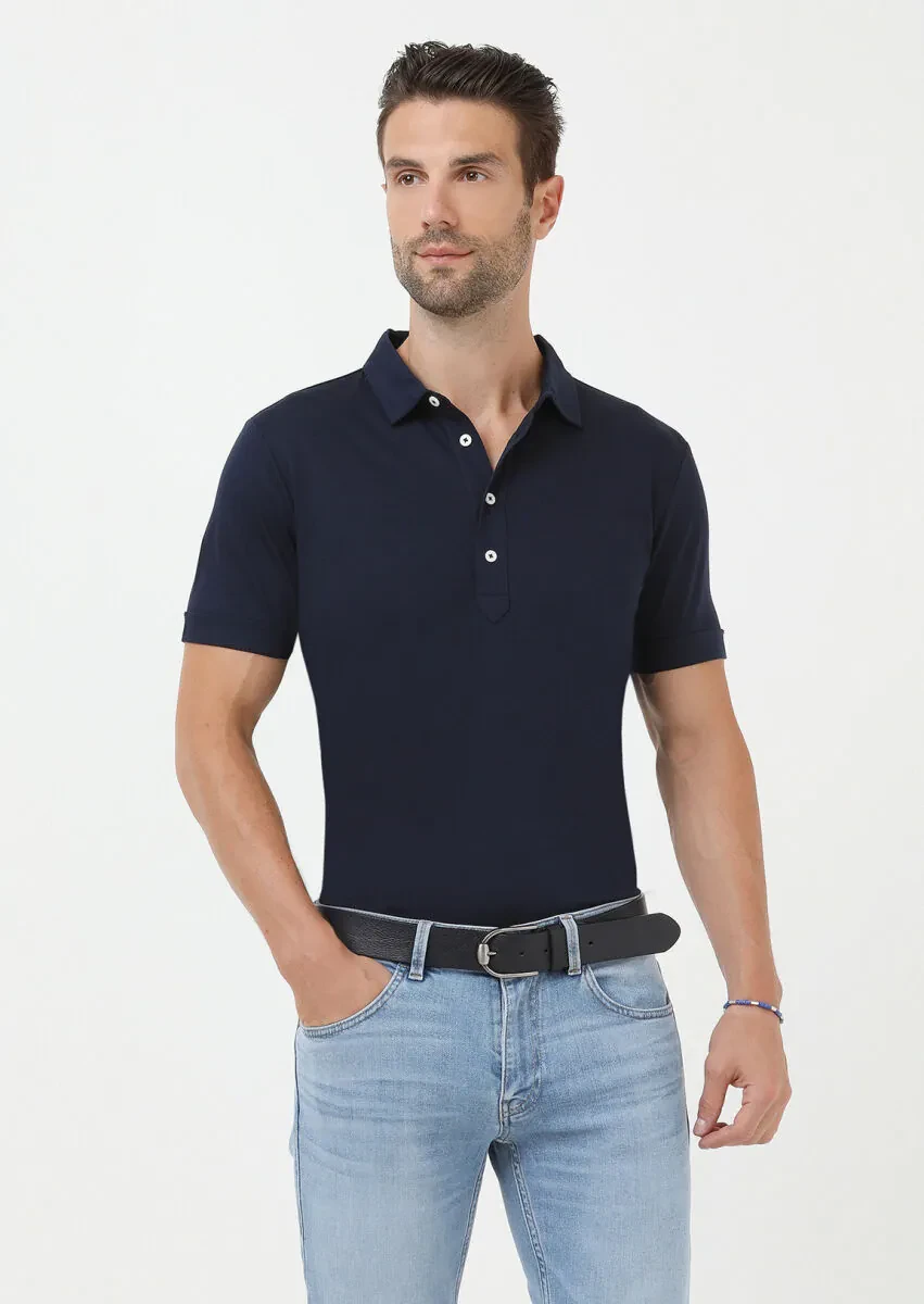 Navy Blue Jacquard Polo Neck 100% Cotton T-Shirt - 1