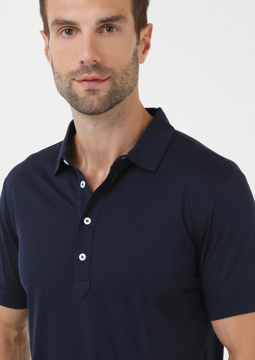 Navy Blue Jacquard Polo Neck 100% Cotton T-Shirt - 3