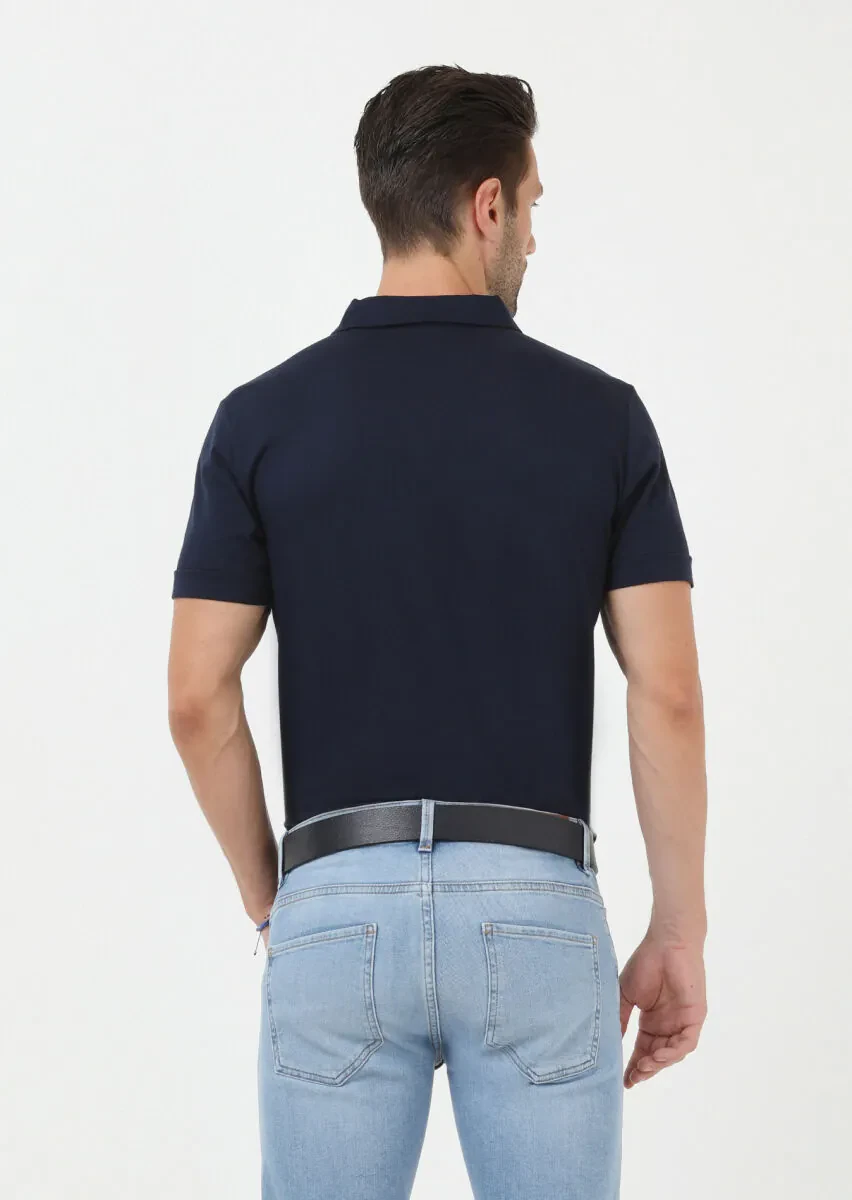 Navy Blue Jacquard Polo Neck 100% Cotton T-Shirt - 4