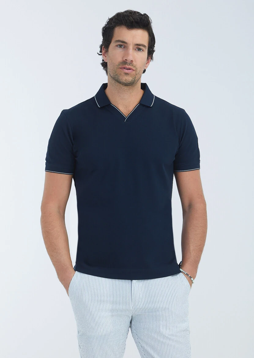 Navy Blue Jacquard Polo Neck 100% Cotton T-Shirt - 2