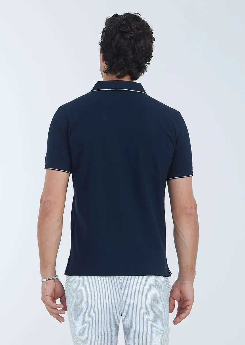 Navy Blue Jacquard Polo Neck 100% Cotton T-Shirt - 6