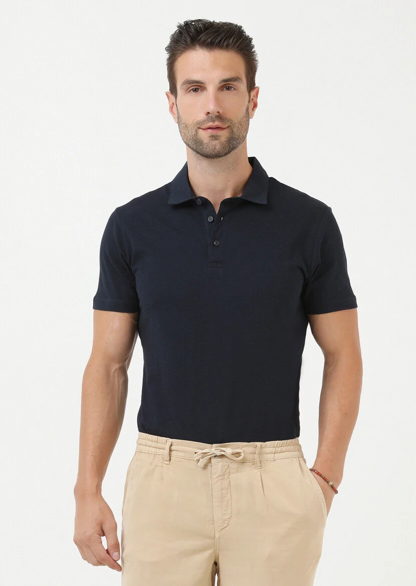 Navy Blue Jacquard Polo Neck 100% Cotton T-Shirt - 1