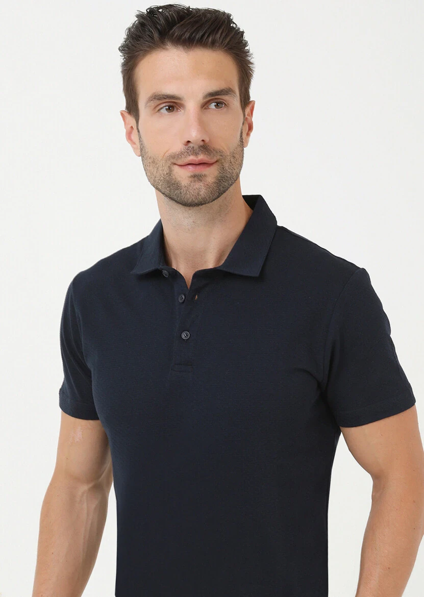 Navy Blue Jacquard Polo Neck 100% Cotton T-Shirt 